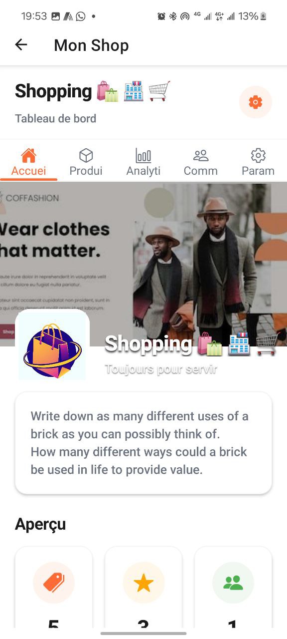 Dashboard boutique - Mon Shop